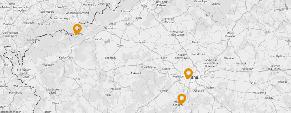Mapa pracovišť: Mníšek pod Brdy, Loučná pod Klínovcem a Praha 5 - Malvazinky