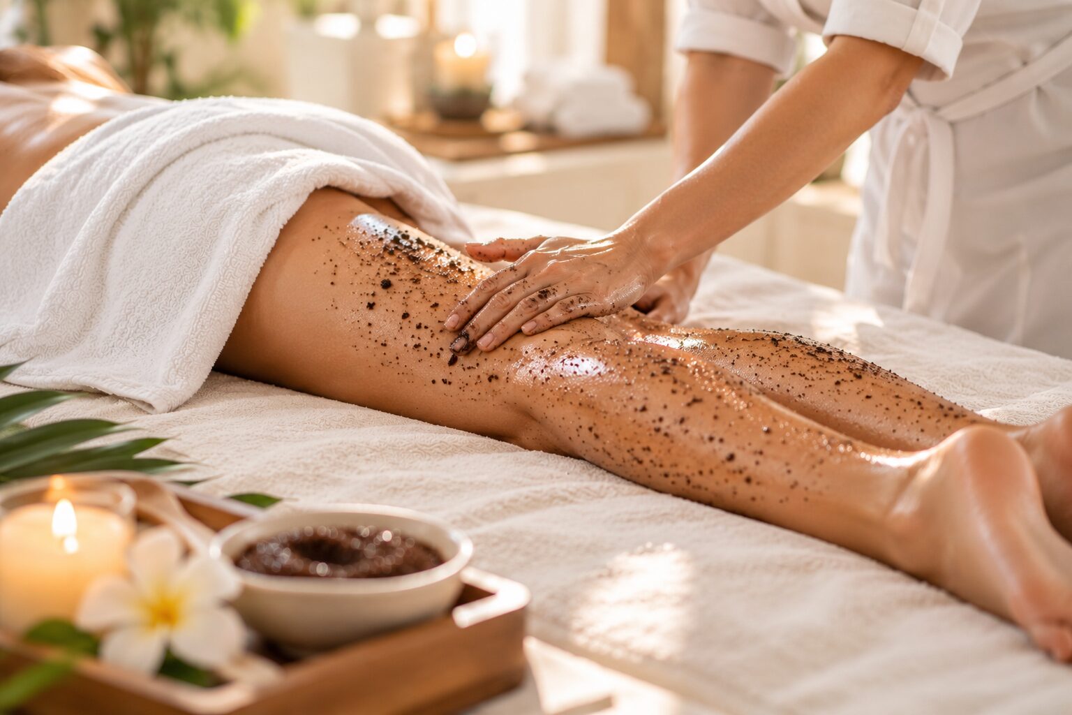 Peelingový rituál – minerální peeling s prvky anticelulitidní a lymfatické masáže.